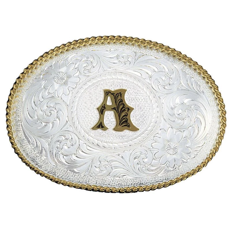 Montana Silversmiths Initial A Silver Engraved Gold Trim Western Belt Buckle (700A) 1 Montana Silversmiths Initial A Silver Engraved Gold Trim Western Belt Buckle (700A)