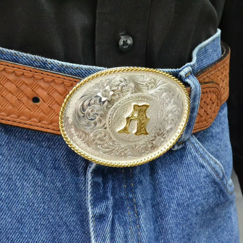 Montana Silversmiths Initial A Silver Engraved Gold Trim Western Belt Buckle (700A) 2 Montana Silversmiths Initial A Silver Engraved Gold Trim Western Belt Buckle (700A) - Image 2