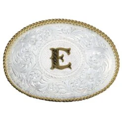 Montana Silversmiths Initial E Silver Engraved Gold Trim Western Belt Buckle (700E)