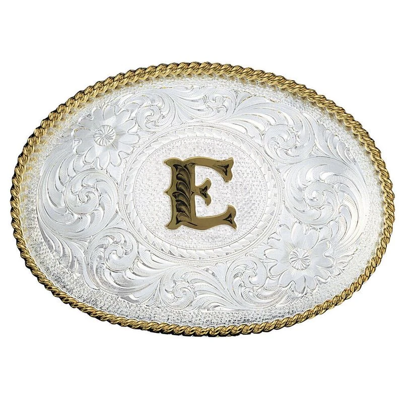 Montana Silversmiths Initial E Silver Engraved Gold Trim Western Belt Buckle (700E) 1 Montana Silversmiths Initial E Silver Engraved Gold Trim Western Belt Buckle (700E)