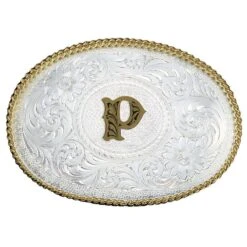 Montana Silversmiths Initial P Silver Engraved Gold Trim Western Belt Buckle (700P)