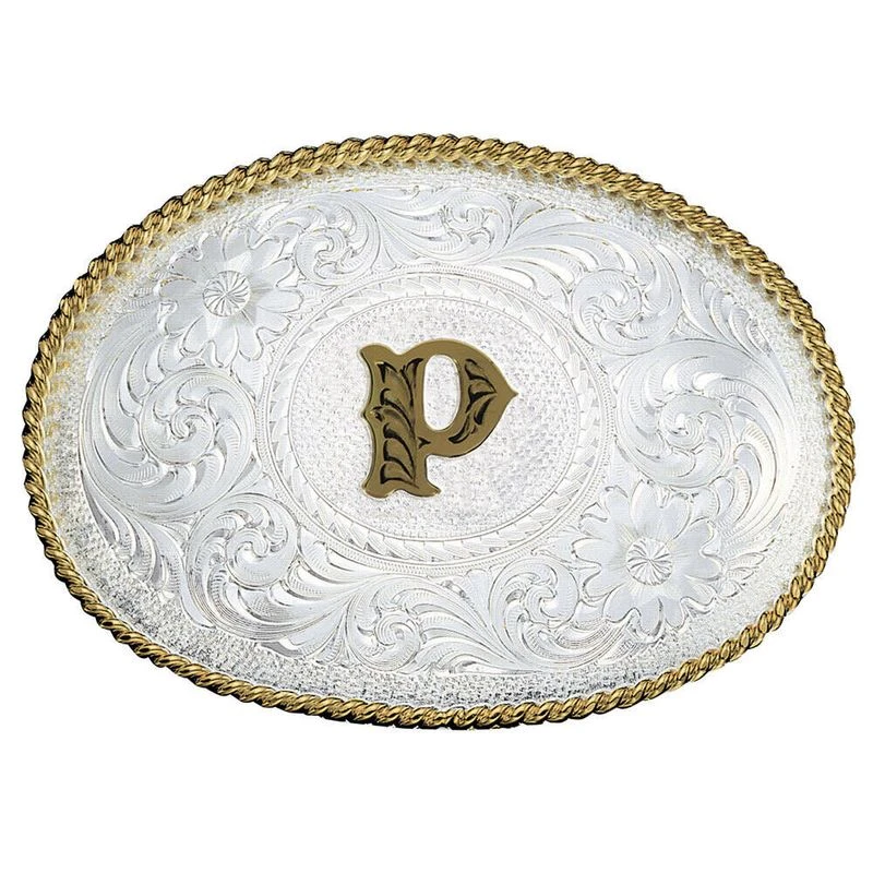 Montana Silversmiths Initial P Silver Engraved Gold Trim Western Belt Buckle (700P) 1 Montana Silversmiths Initial P Silver Engraved Gold Trim Western Belt Buckle (700P)