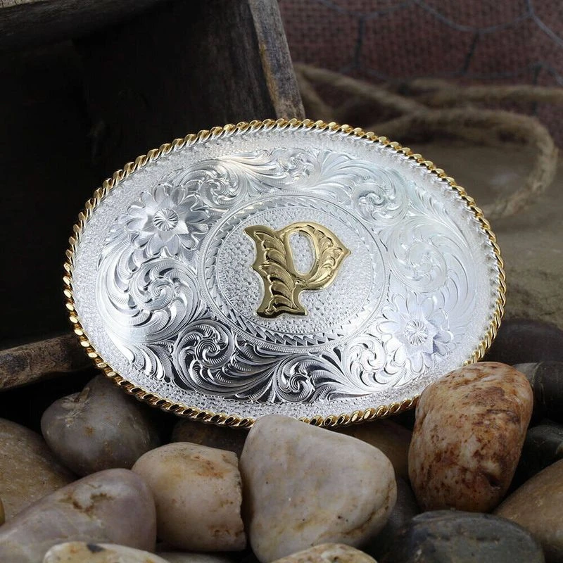 Montana Silversmiths Initial P Silver Engraved Gold Trim Western Belt Buckle (700P) 3 Montana Silversmiths Initial P Silver Engraved Gold Trim Western Belt Buckle (700P) - Image 3