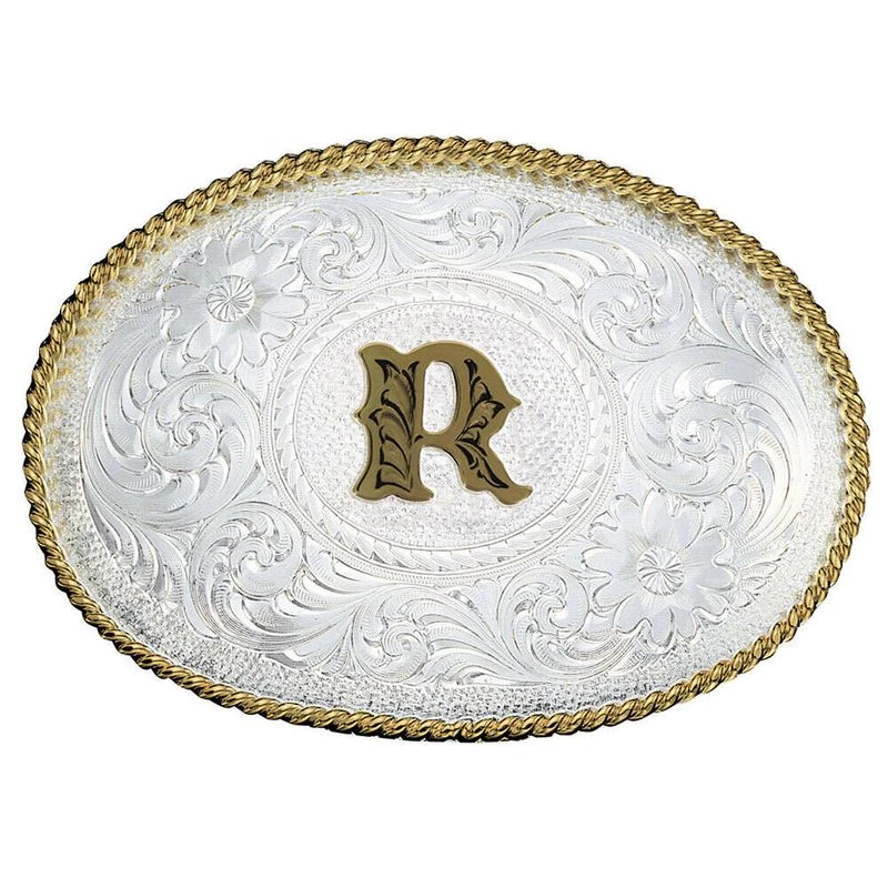 Montana Silversmiths Initial R Silver Engraved Gold Trim Western Belt Buckle (700R) 1 Montana Silversmiths Initial R Silver Engraved Gold Trim Western Belt Buckle (700R)