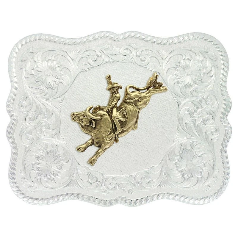 Montana Silversmiths Scalloped Silver Western Belt Buckle With Bull Rider (61669-528) 1 Montana Silversmiths Scalloped Silver Western Belt Buckle With Bull Rider (61669-528)